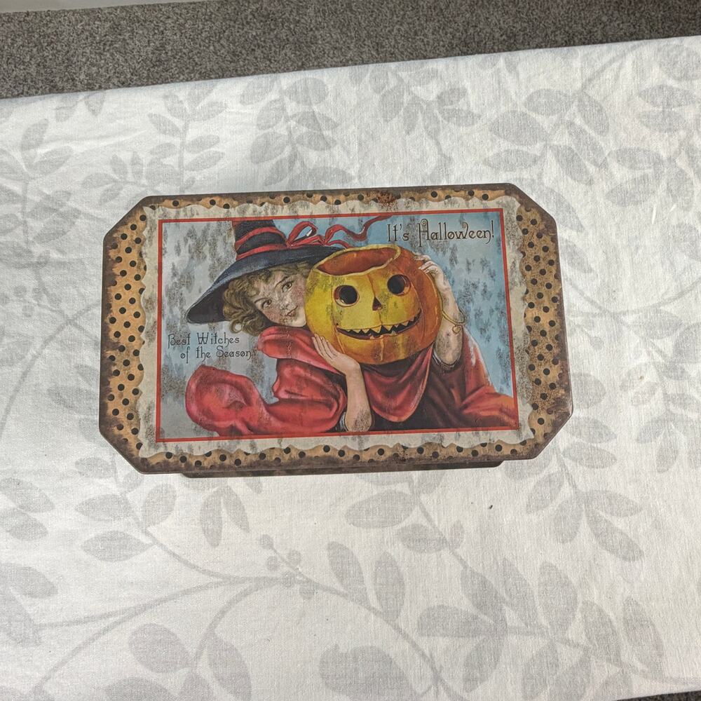 Halloween Greetings Tin with Vintage style Repro Girl Pumpkin Fall curated layer